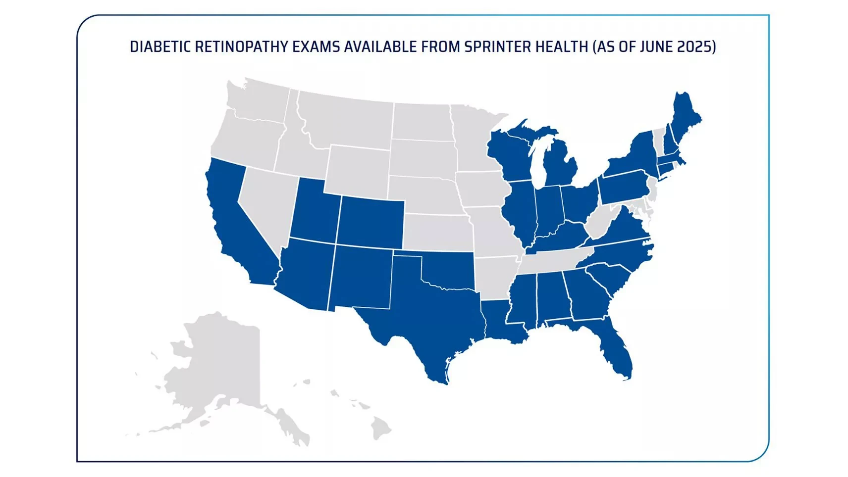 Map of the US with 20 states colored blue to show the availability of Sprinter health diabetic retinopathy exams as of june 2025